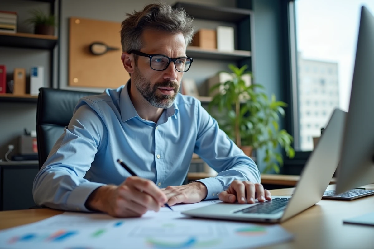 Administrateur IT vérifiant un plan dans son bureau