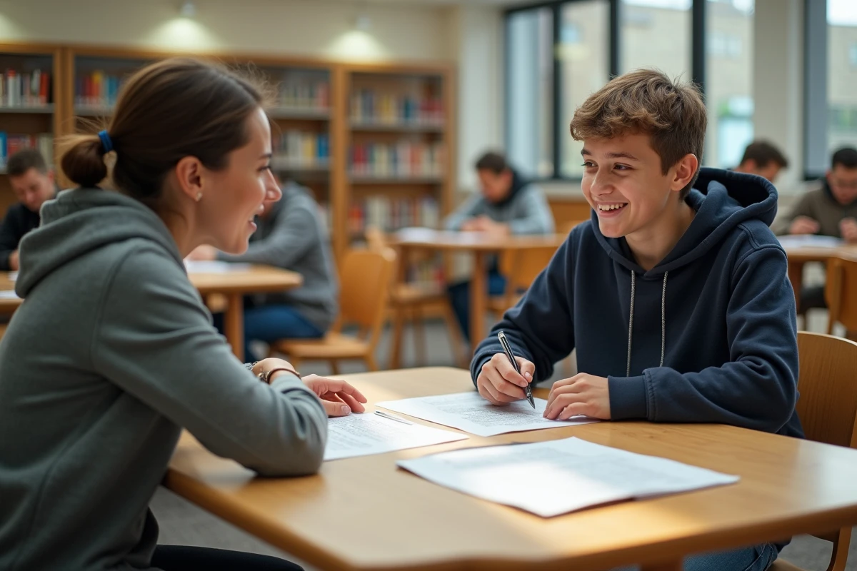 Adolescent discutant avec conseiller en carriere dans une bibliothèque