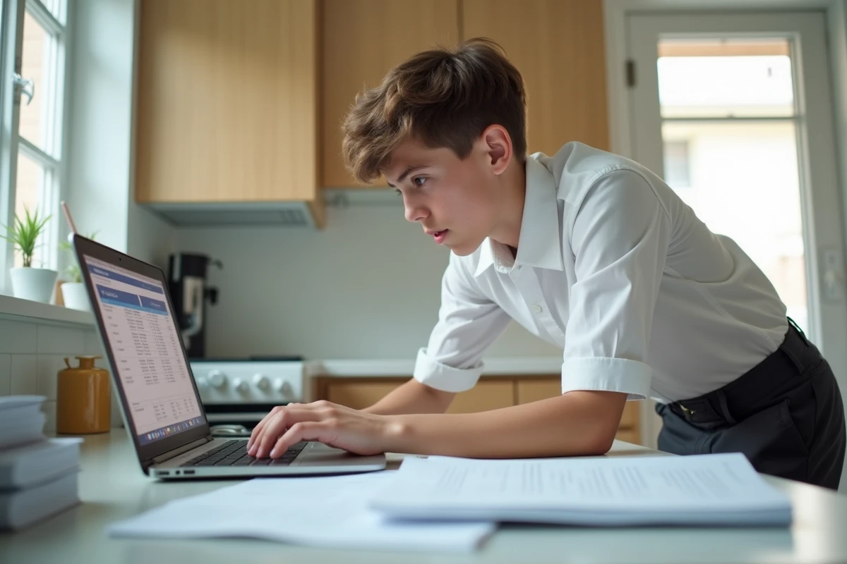 Adolescent calculant sa moyenne avec coefficients sur tableur ouvert sur ordinateur portable dans une cuisine moderne