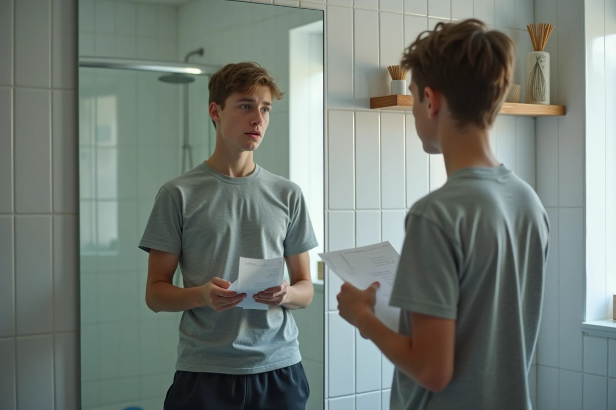 Adolescent qui répète son discours de délégué devant un miroir à la maison