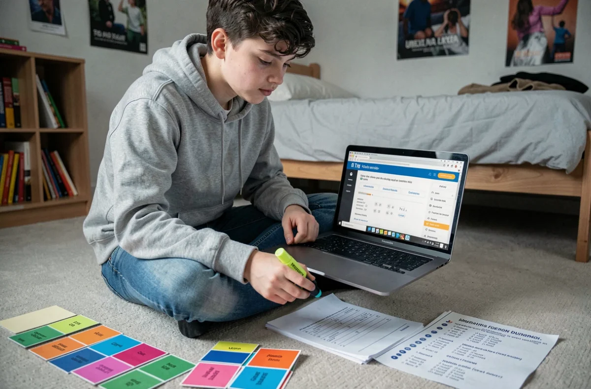 Adolescent révisant la conjugaison espagnole avec des flashcards et un ordinateur portable affichant des exercices sur l'imparfait et le passé simple