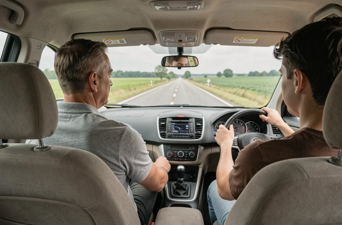 Adulte accompagnateur assis côté passager supervisent un jeune conducteur sur une route de campagne, représentant la conduite accompagnée et supervisée en France