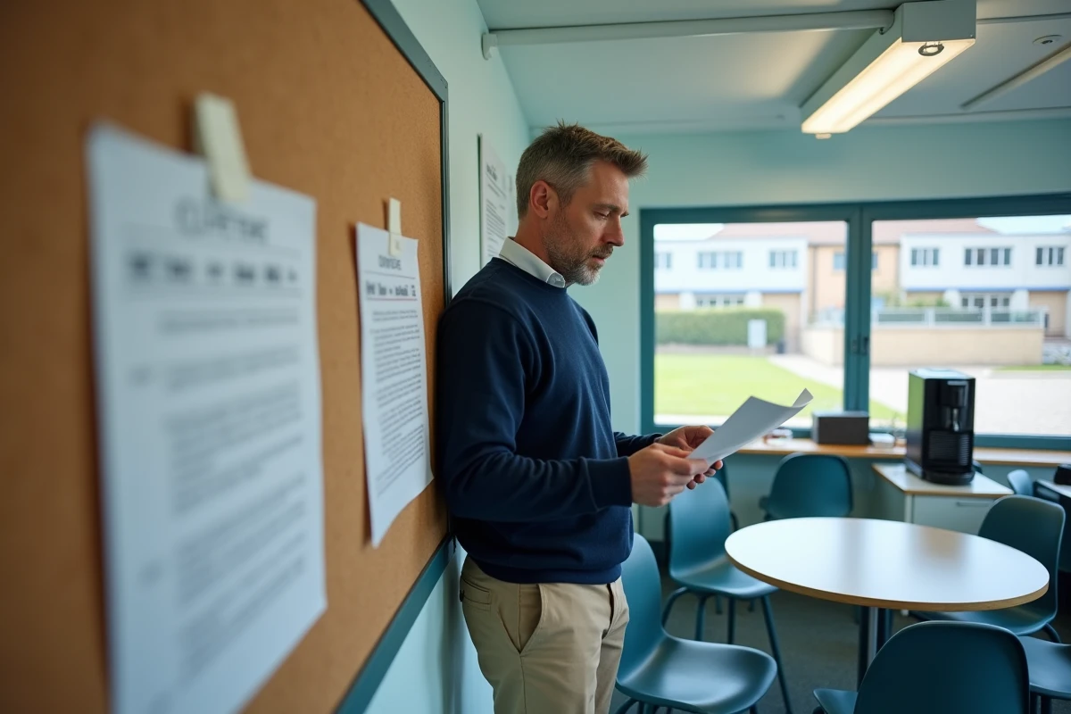 Un AED consultant des documents de formation affichés dans une salle des personnels d'une école en académie Orléans Tours