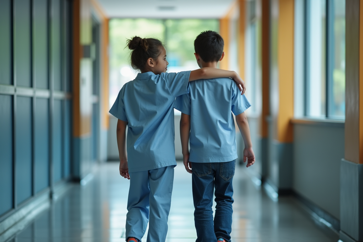 AESH aidant un enfant dans un couloir d