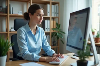 Une AESH connectée à la plateforme PIA Académie Orléans Tours sur un ordinateur de bureau dans un bureau scolaire administratif