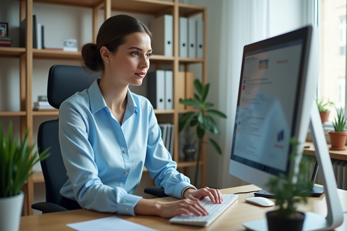 Une AESH connectée à la plateforme PIA Académie Orléans Tours sur un ordinateur de bureau dans un bureau scolaire administratif