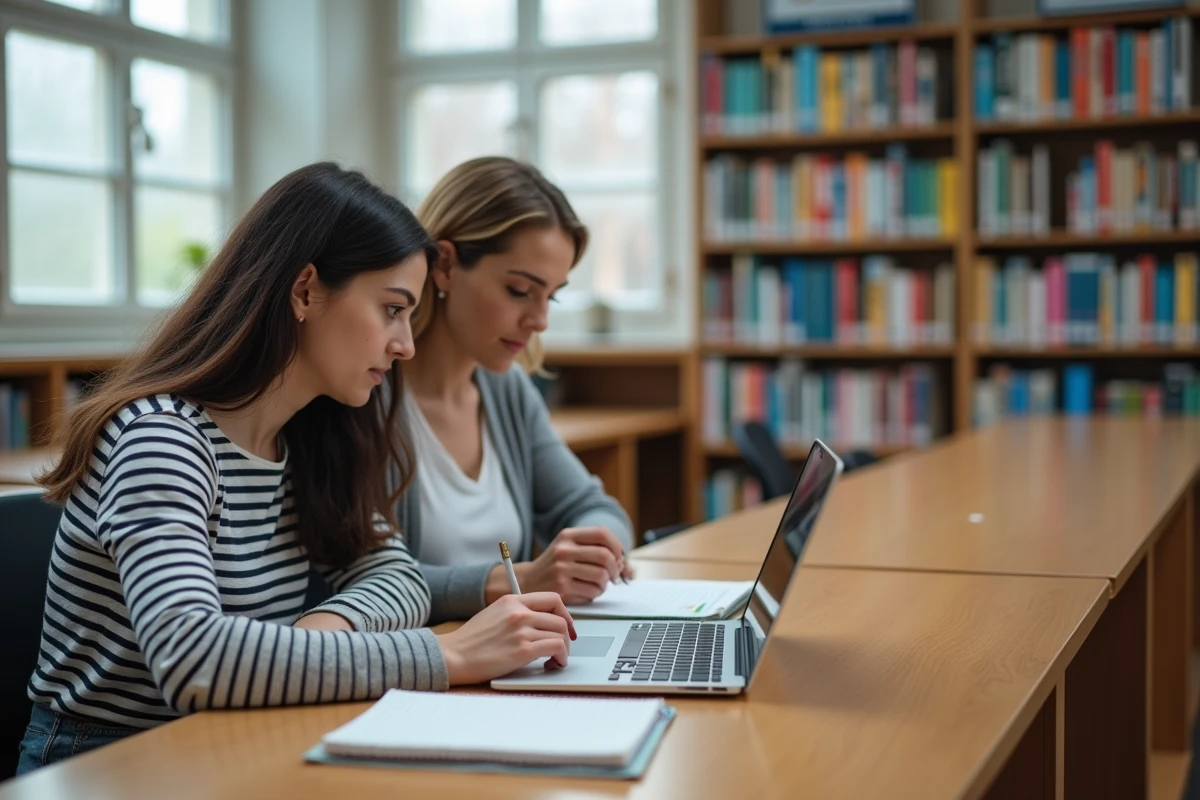 Deux accompagnantes d'élèves en situation de handicap consultant ensemble une formation en ligne sur la plateforme académique dans une bibliothèque scolaire