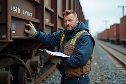Agent de rail contrôlant un wagon de fret en extérieur