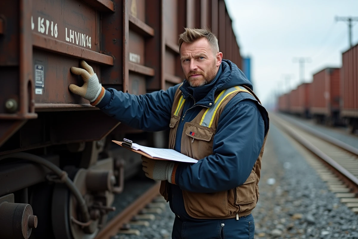 Agent de rail contrôlant un wagon de fret en extérieur