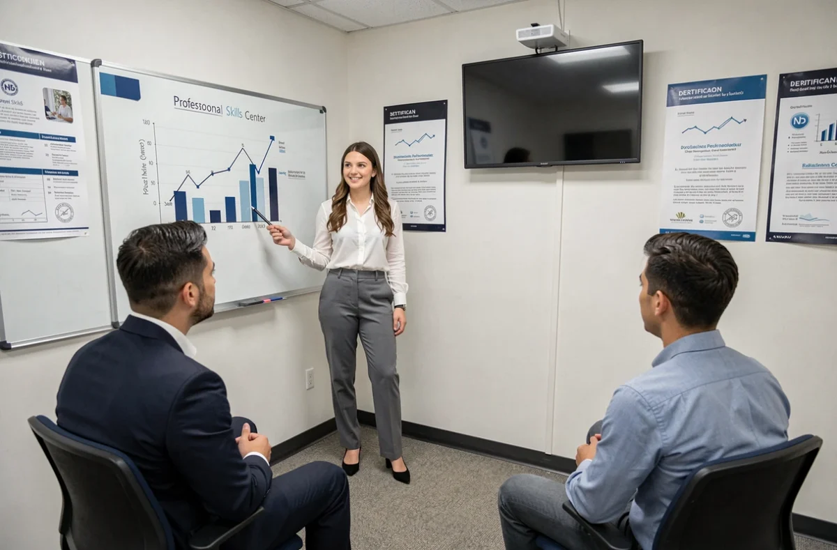 Apprenante en alternance présentant un tableau de compétences dans une salle de formation d'Alésia Formation