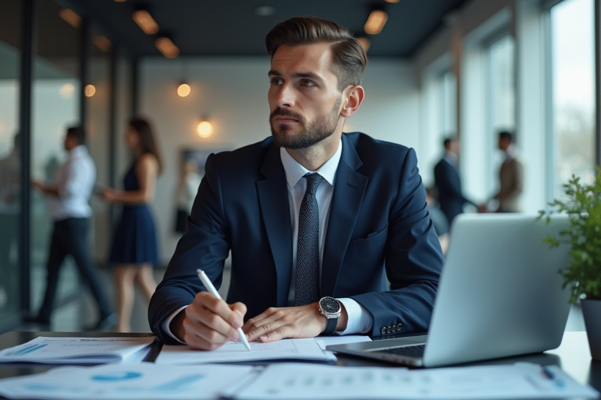 Analyste concentré en bureau avec rapports financiers