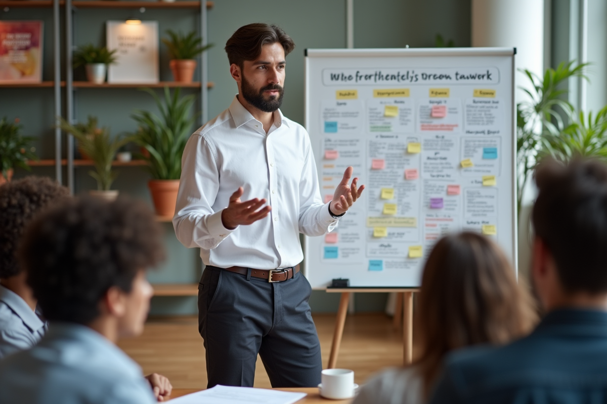 Jeune homme animant un atelier avec groupe diversifié