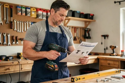 Homme bricoleur consultant un guide pratique avant d'utiliser une perceuse dans un atelier de bricolage bien organisé