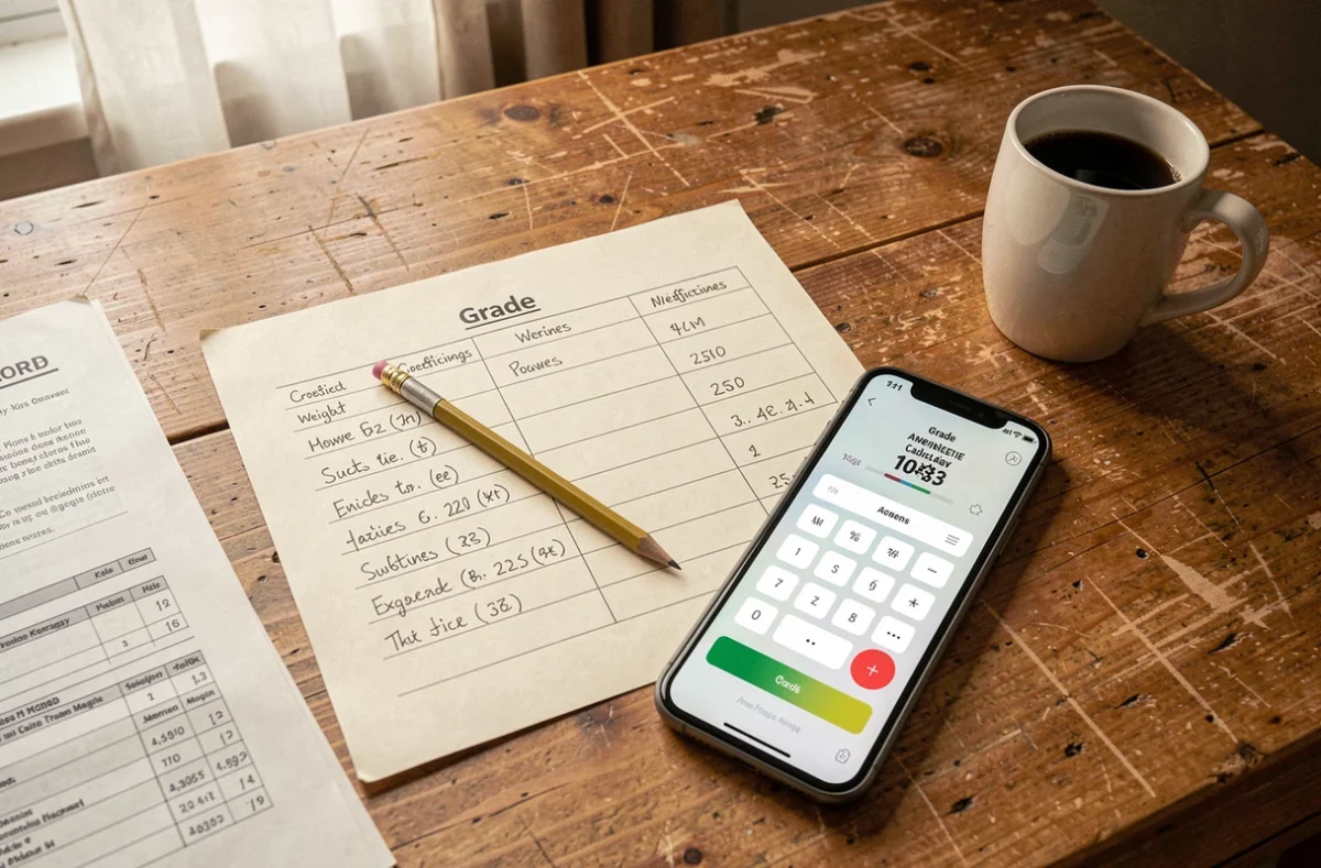 Bureau étudiant avec tableau de notes manuscrit et calculateur de moyenne avec coefficient sur smartphone