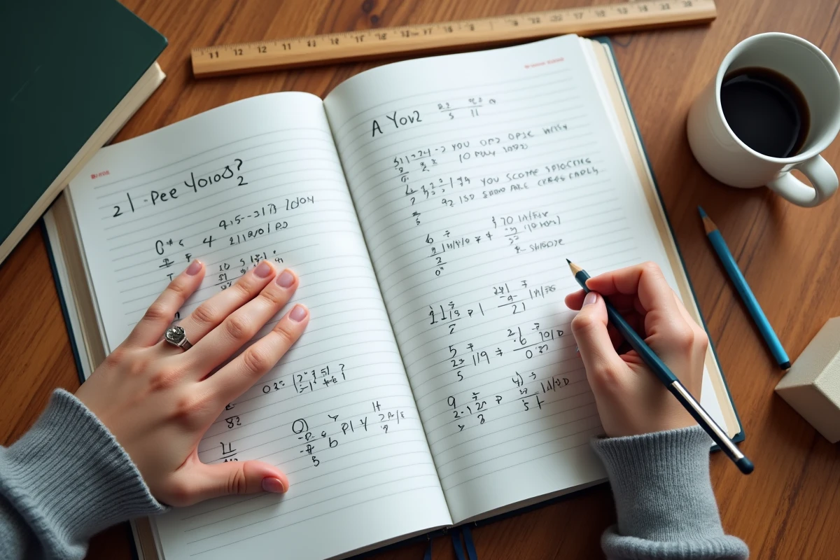 Cahier de mathématiques ouvert avec des exercices manuscrits sur les fractions et nombres décimaux sur un bureau en bois