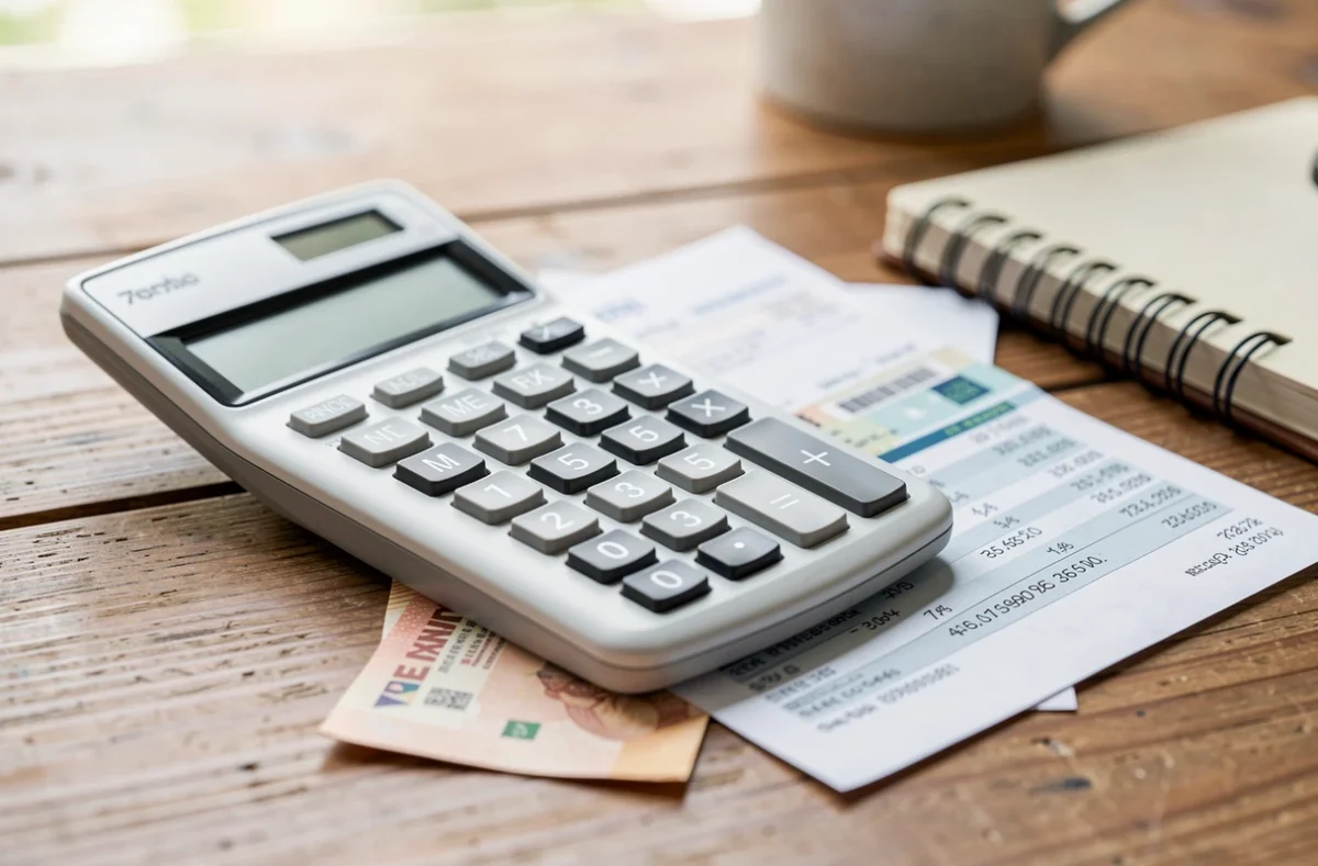 Calculatrice, fiches de paie et carnet posés sur un bureau