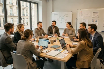 Groupe d'adultes en formation dans un centre de formation professionnel de la Marne, autour d'une table avec matériel pédagogique