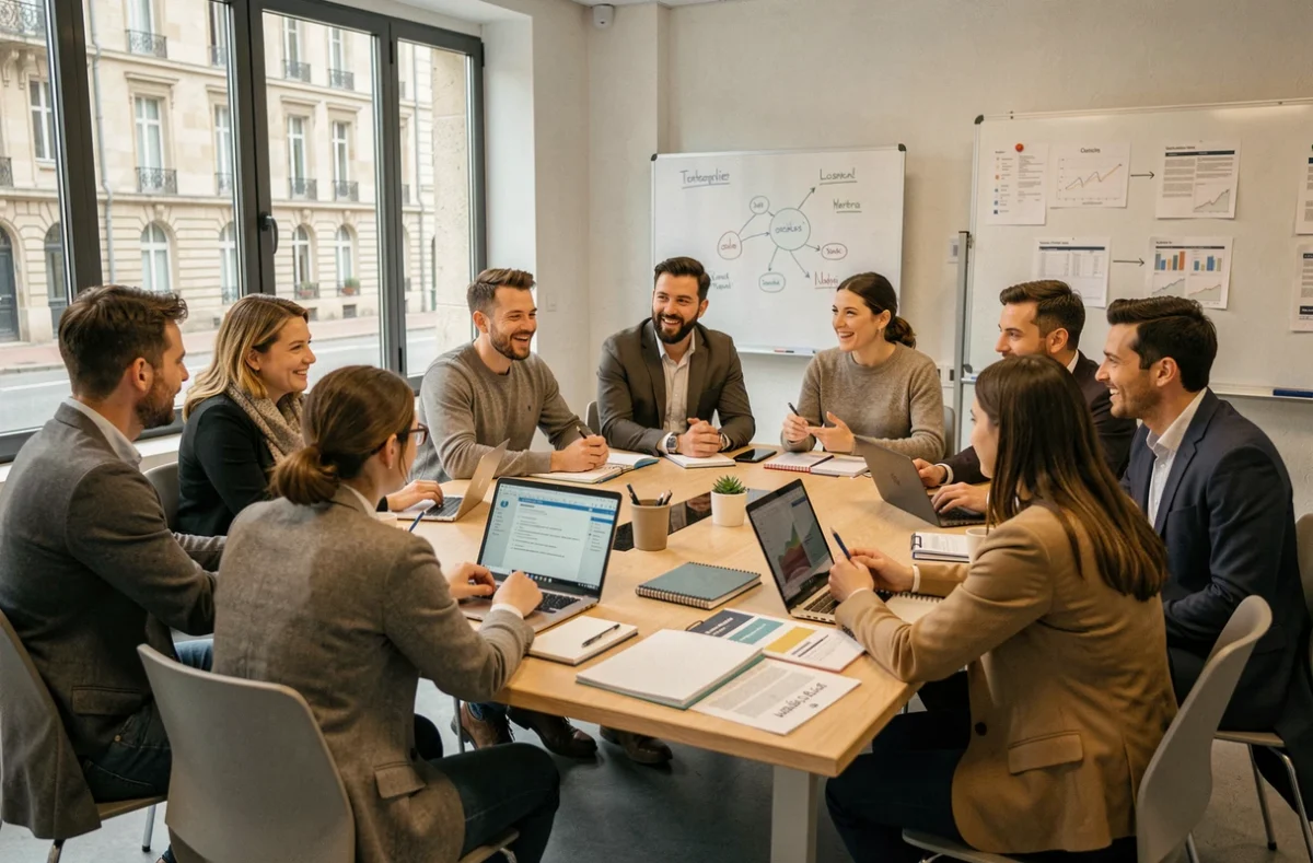 Groupe d'adultes en formation dans un centre de formation professionnel de la Marne, autour d'une table avec matériel pédagogique