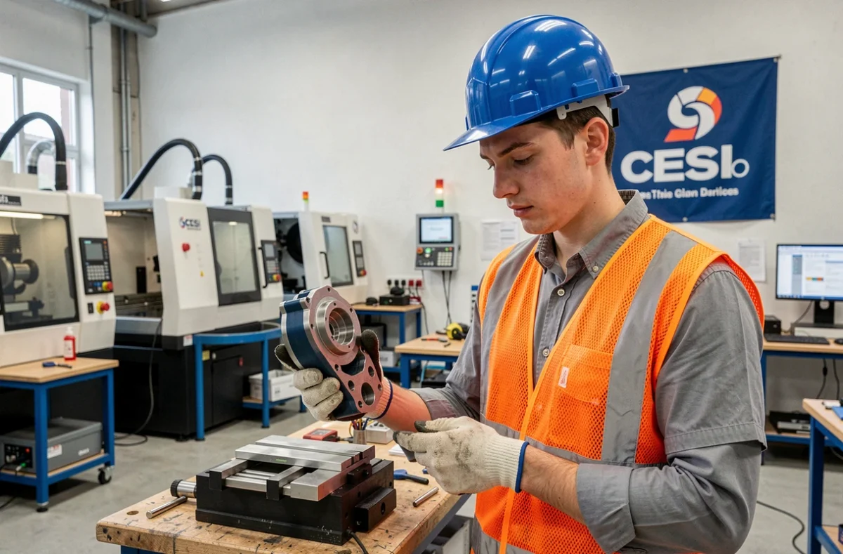 Apprenti ingénieur en tenue de sécurité examinant une pièce mécanique dans l'atelier du CESI École d'Ingénieurs d'Arras