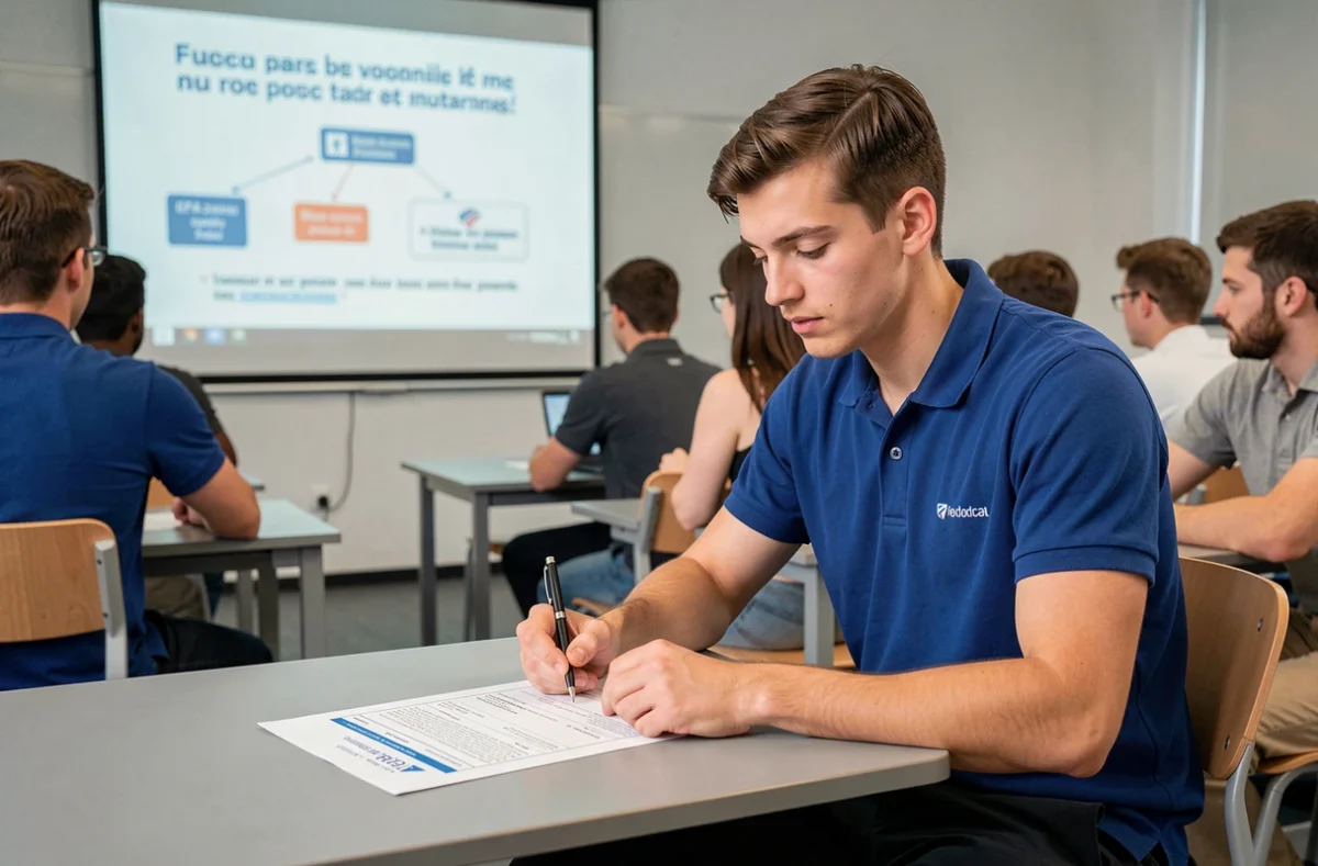 Apprenti en tenue professionnelle bleue travaillant sur un exercice dans la salle de cours du CFA DIFCAM Nord