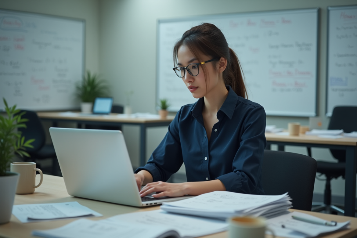 Femme en laboratoire concentrée sur ses équations