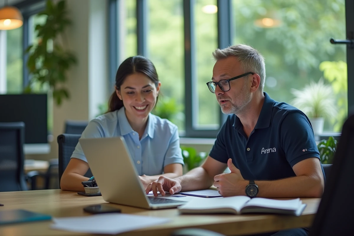 Employé masculin discutant avec une collègue dans un espace de travail ouvert