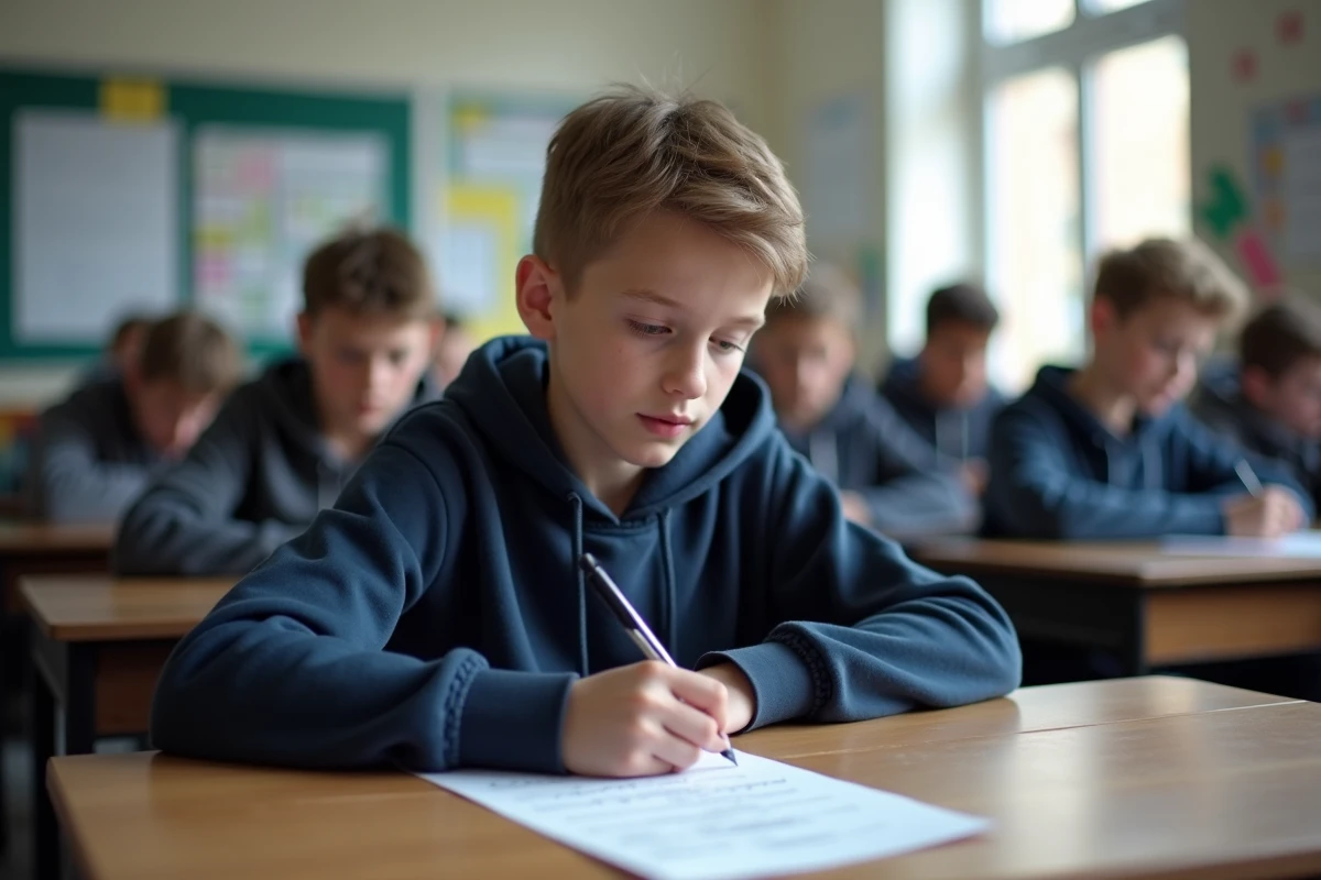 Collégien passant l'examen ASSR1 assis à son bureau en salle de classe