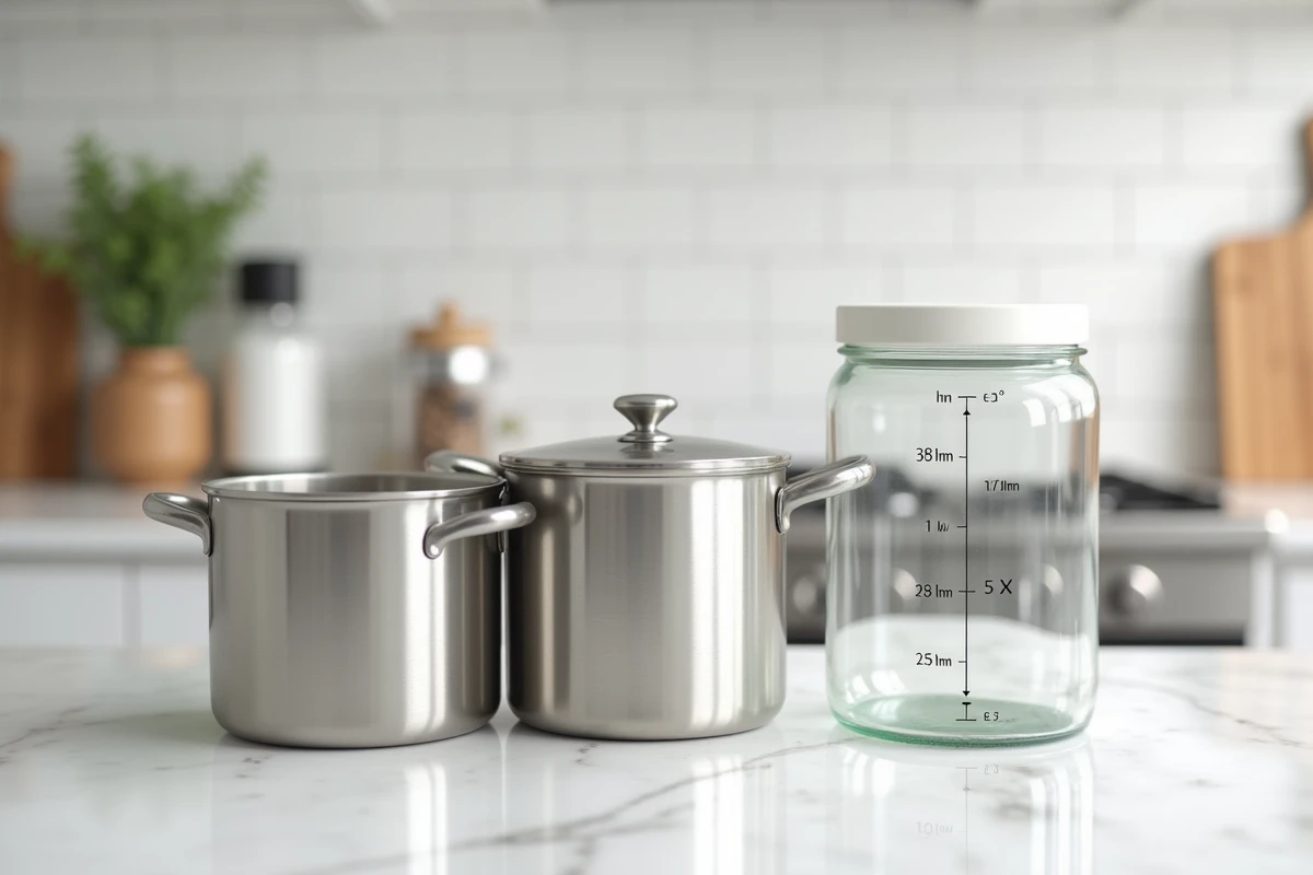 Trois cylindres de tailles différentes avec des fiches de mesure pour illustrer le calcul du volume en litres
