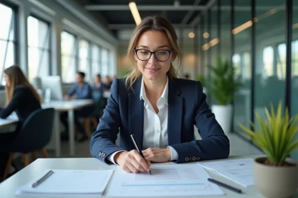 Femme professionnelle comparant des formules d'abonnement magazine sur des documents imprimés dans un bureau moderne