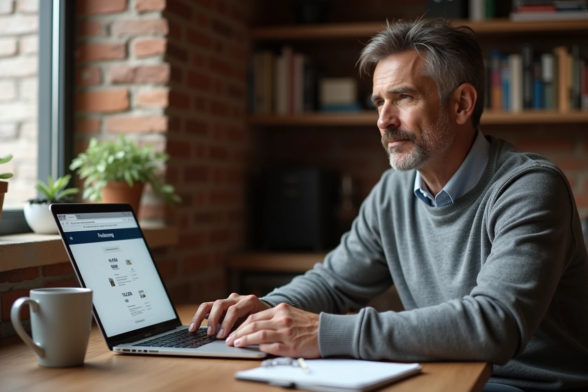 Homme consultant un comparatif de prix de magazine en ligne depuis son bureau à domicile avec un carnet de notes