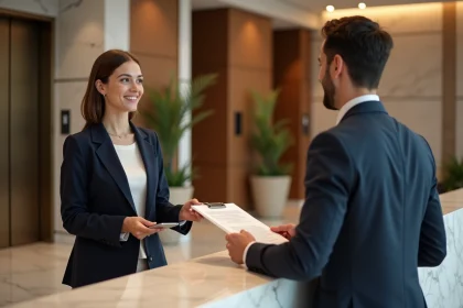 Jeune professionnelle du tourisme remettant un document à son collègue à la réception d'un hôtel moderne