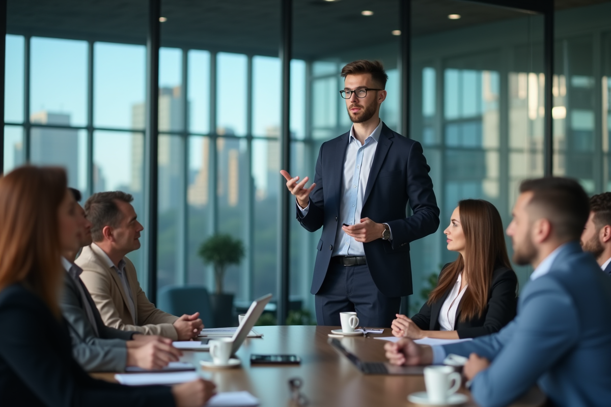 Présentateur expliquant un concept à des professionnels en réunion