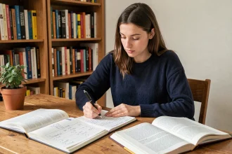 Jeune femme étudiant la conjugaison du verbe ir au passé simple en espagnol dans un bureau à domicile entouré de manuels de grammaire