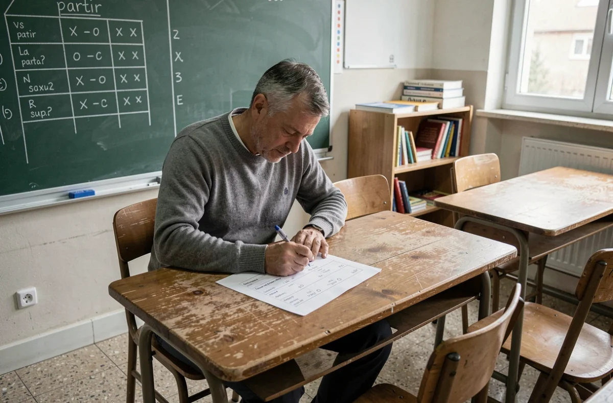 Homme adulte en classe de français étudiant la conjugaison du verbe partir au présent sur un tableau