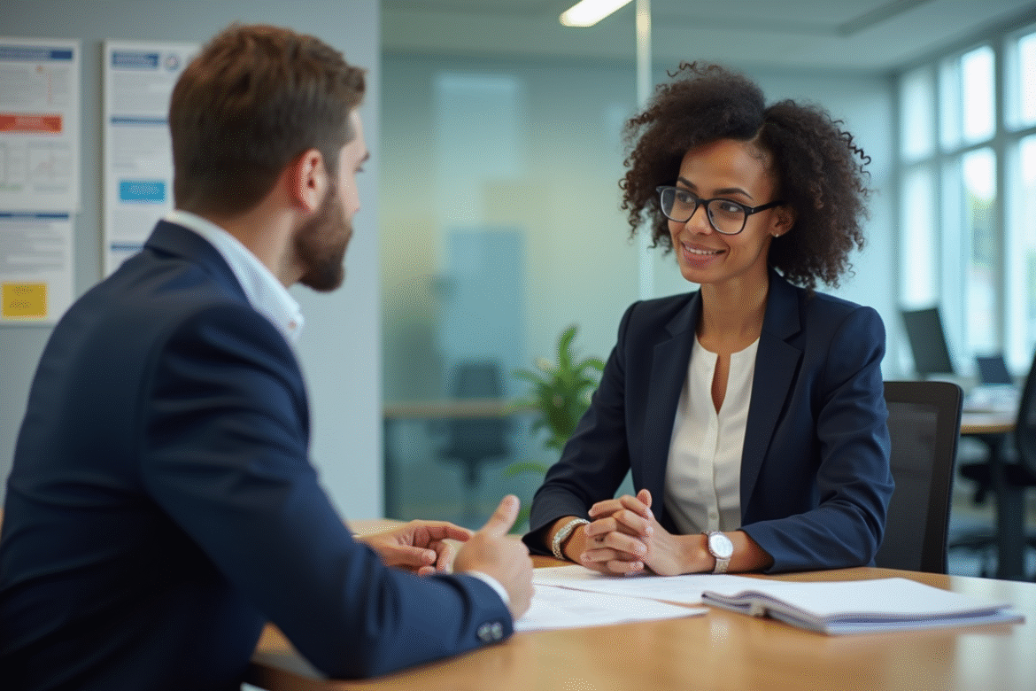 Conseiller Pôle emploi en discussion avec un demandeur d'emploi