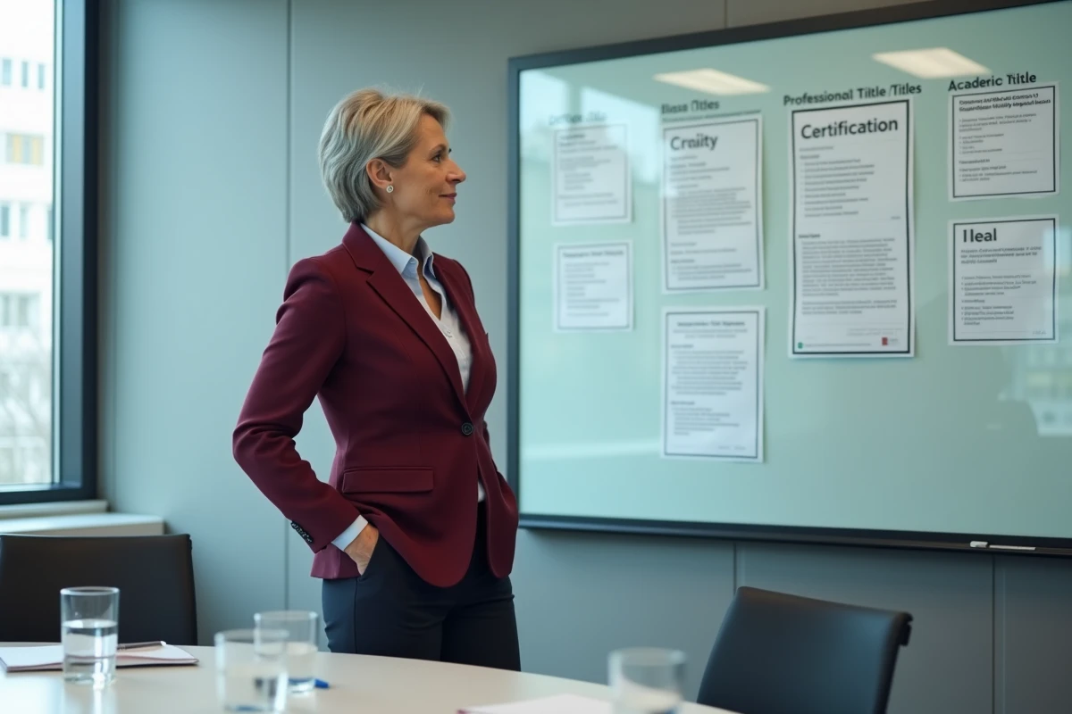 Conseillère en formation expliquant la différence entre titre professionnel et diplôme devant un tableau de présentation