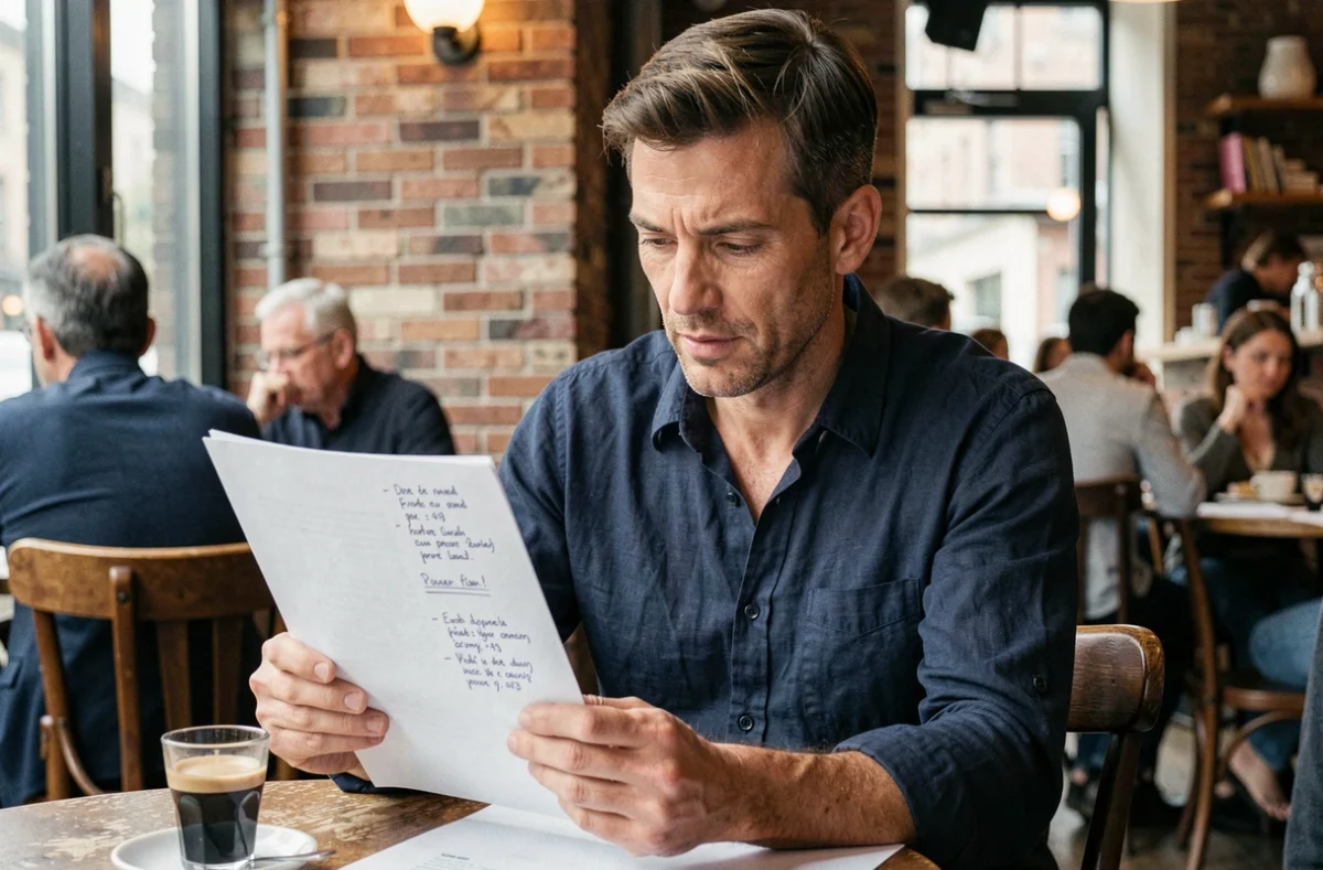 Homme consultant un PDF d'exercices d'écriture annoté dans un café urbain, pratiquant une routine d'écriture régulière