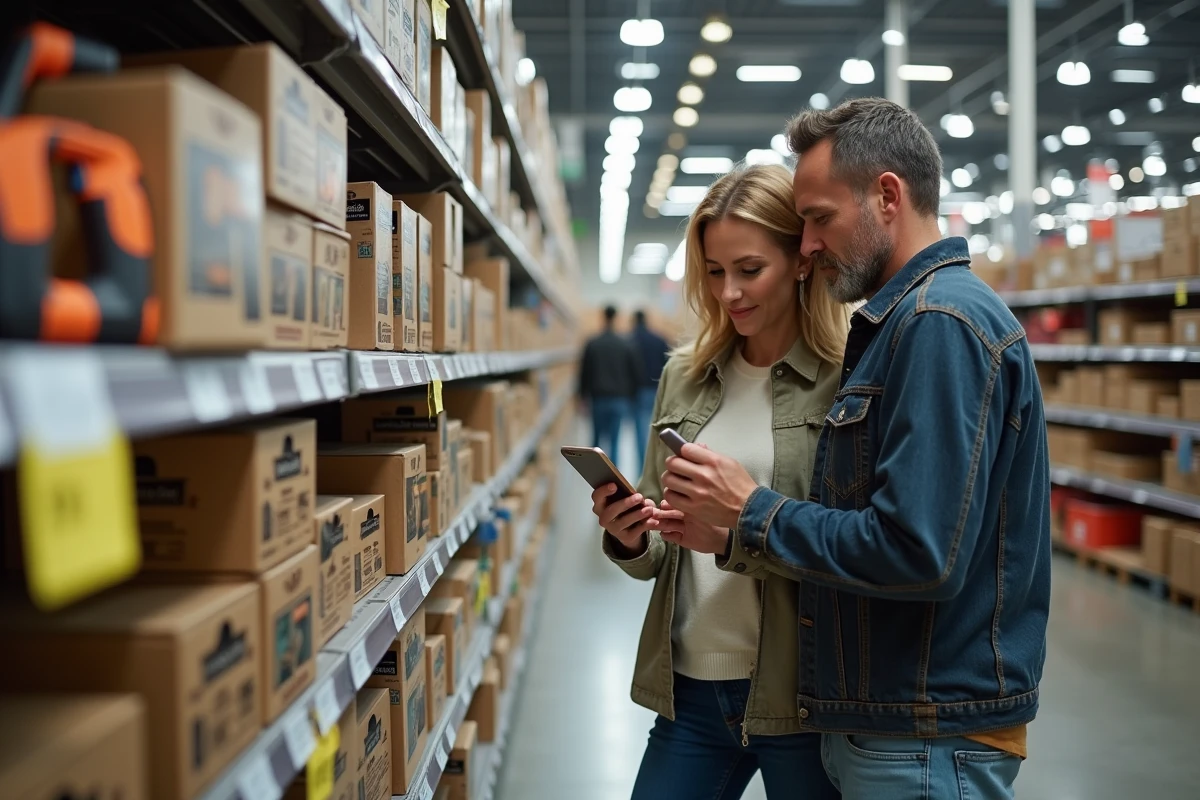 Couple comparant des prix d'outils de bricolage en grande surface avec une application de gestion de budget sur smartphone