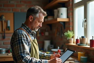 Homme d'une quarantaine d'années suivant un cours de bricolage en ligne sur une tablette dans un atelier maison organisé