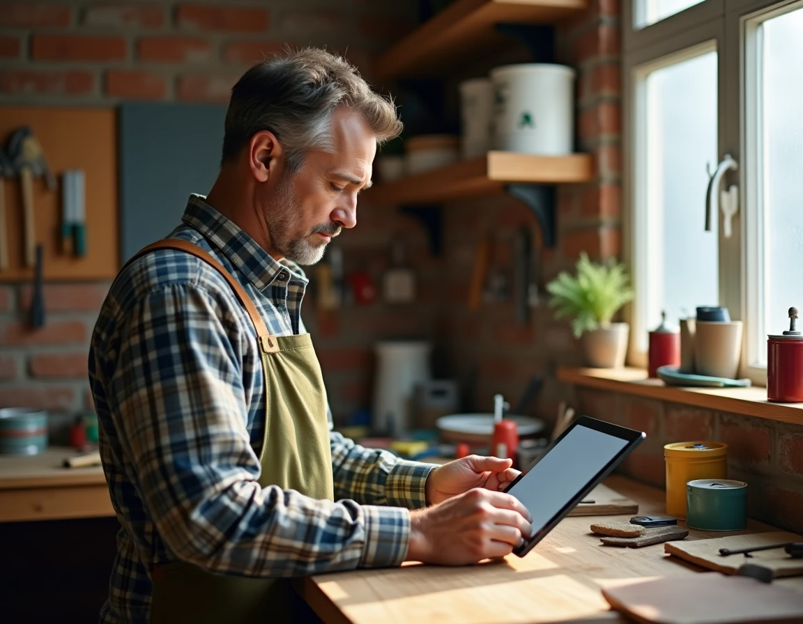 Homme d'une quarantaine d'années suivant un cours de bricolage en ligne sur une tablette dans un atelier maison organisé