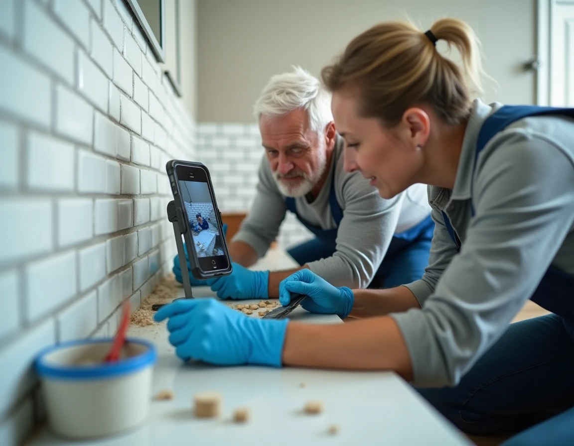 Deux personnes posant du carrelage dans une salle de bain en suivant un tutoriel vidéo de bricolage sur smartphone