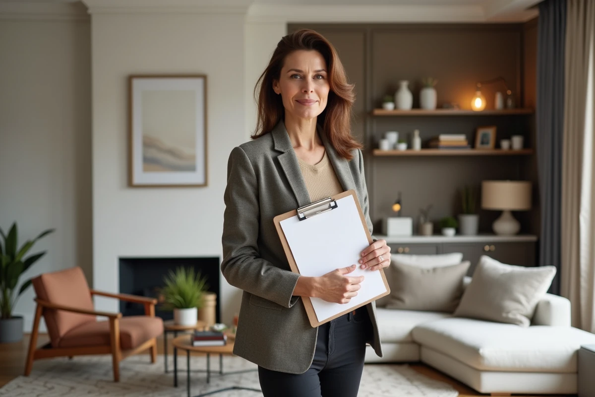 Décoratrice d'intérieur professionnelle tenant un carnet de croquis dans un appartement rénové aux finitions soignées