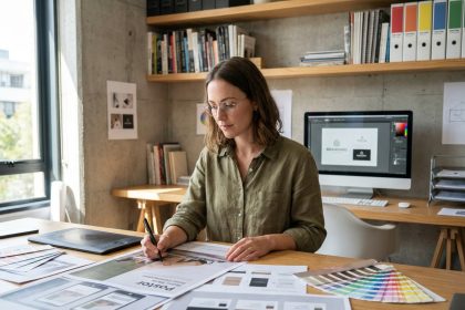 Designer graphique travaillant sur des maquettes d'identité visuelle dans un studio moderne avec tablette et échantillons de couleurs
