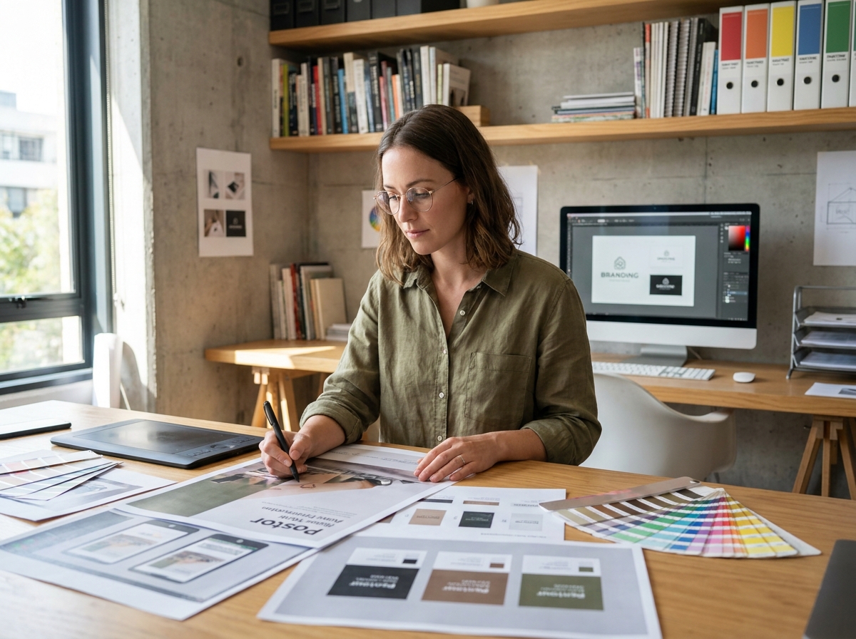 Designer graphique travaillant sur des maquettes d'identité visuelle dans un studio moderne avec tablette et échantillons de couleurs