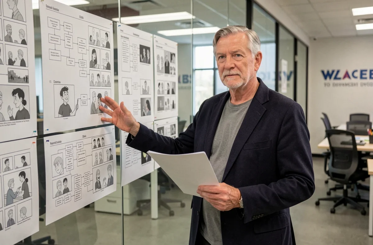 Directeur artistique d'un grand studio d'animation présentant des storyboards dans les locaux de l'école Gobelins