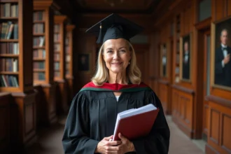 Femme universitaire en robe académique dans un couloir ancien