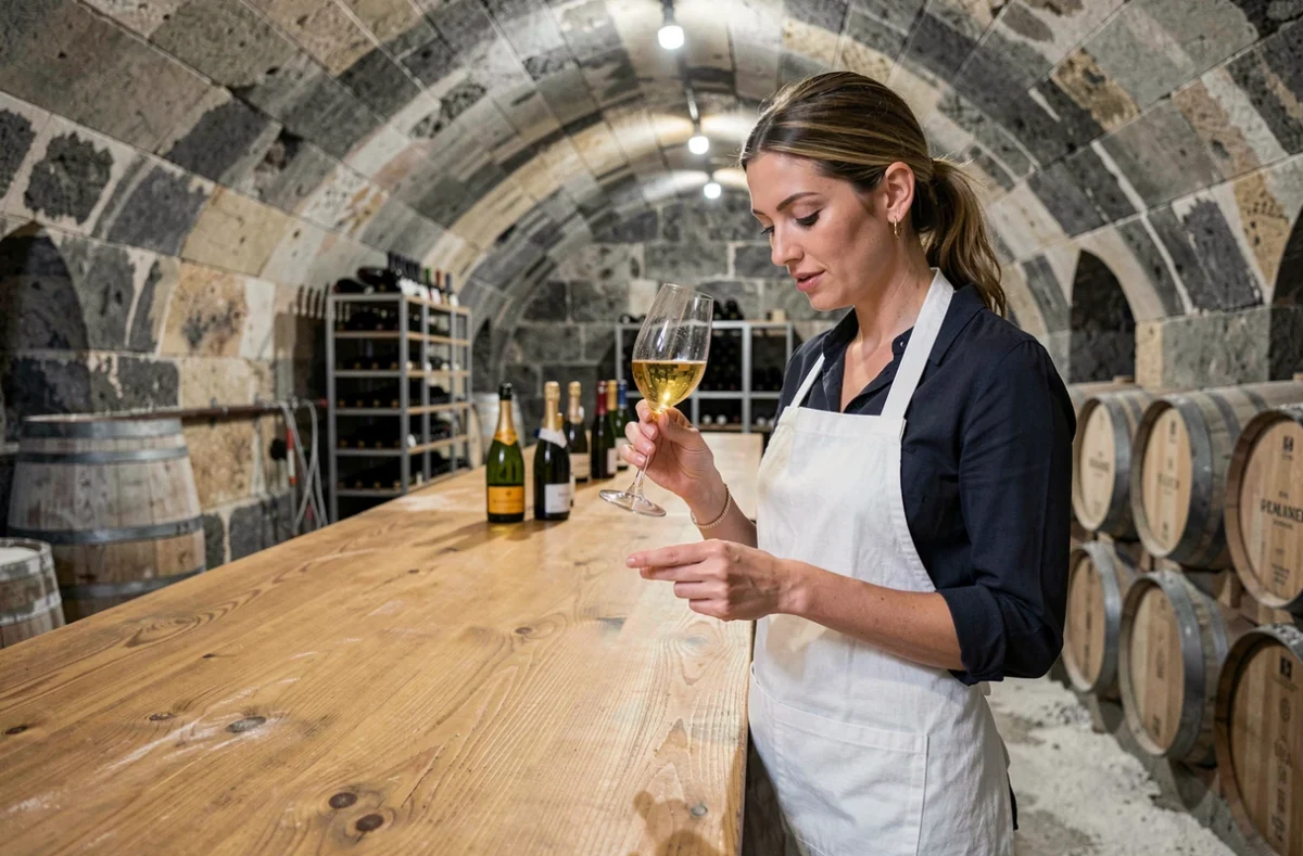 Stagiaire en œnologie examinant une flûte de champagne lors d'une formation à l'École des Vins de Champagne