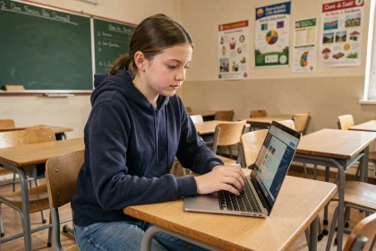 Élève au collège de Normandie utilisant un ENT sur ordinateur portable en classe