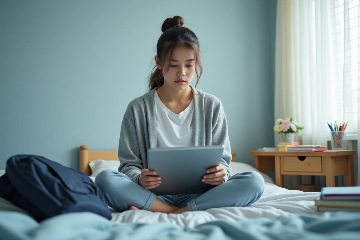 Étudiante en lycée accédant à l'ENT depuis sa chambre via une tablette numérique