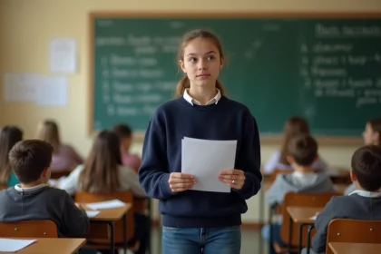 Jeune élève qui prend la parole devant sa classe pour se présenter comme candidate déléguée